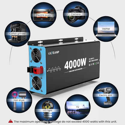 New 48V 4000 Watts Pure Sine Wave Inverter, 48V DC to 110V/120V AC Power Inverter with 4 AC Outlets, USB Port, Type-C Port for Truck, Vehicle, Power Outage, Remote Control with LCD Screen