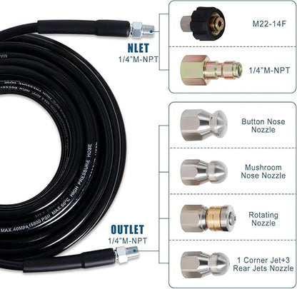 50FT Sewer Jetter Kit for Pressure Washer, 5800PSI Water Jet Durable Drain Cleaner Hose 1/4 Inch NPT Corner with 4 Specialized Nozzles，Waterproof Tape, Pearl Corsage Pin, Handle Strap & 2 Spanners