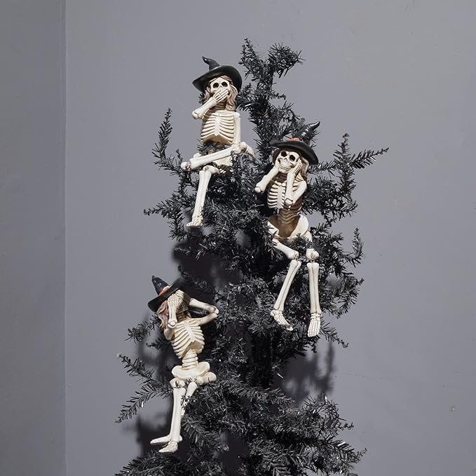 Halloween Statues No-Evil Skeleton Collectible-Figurines - Realistic Skeleton Halloween Decorations Indoor See Speak Hear No Evil Resin Witch Table Decor Set of 3, 2.5*5.5*4.5 inch Newman House Studio
