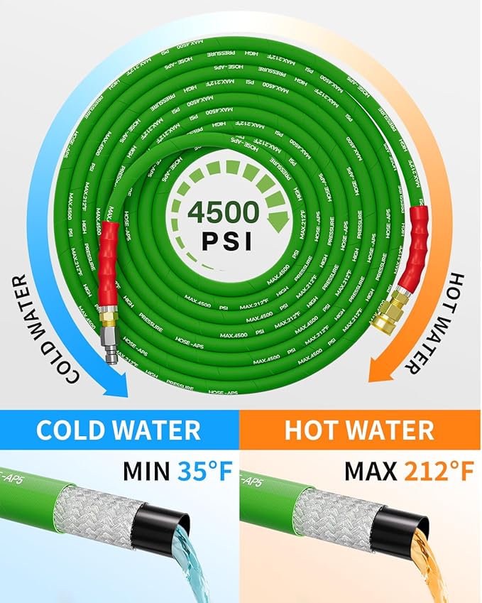 Pressure Washer Hose 50FT 3/8" for Cold and Hot Water 212°F, with Swivel Quick Connect, 4500PSI Kink Resistant Grade Steel Wire Braided, Power Washer Hose With 2pcs M22-14mm Adapter