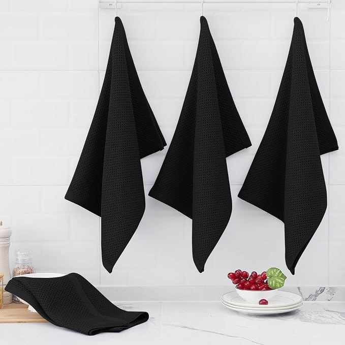 Homaxy 100% Cotton Oversized Waffle Weave Kitchen Towels, 5-Pack, Black | 20 x 28 Inches, Ultra Soft Absorbent Dish Towels, Quick Drying Large Cleaning Towels