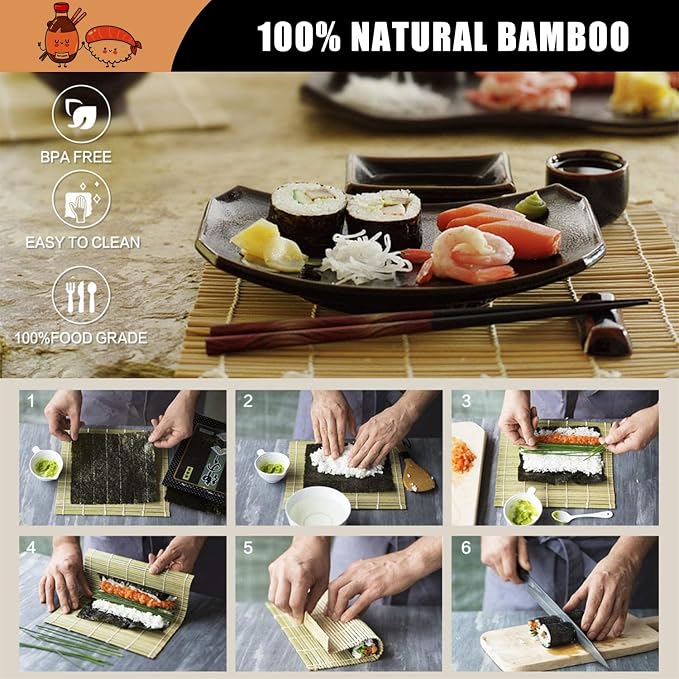 Sushi Making Kit, 22pcs Roller Maker for Beginners With Guide Book, Bazooka, Knife, Mat, Avocado Slicer, Chopsticks, Sauce Dishes & More - Sushi Lover's Gift