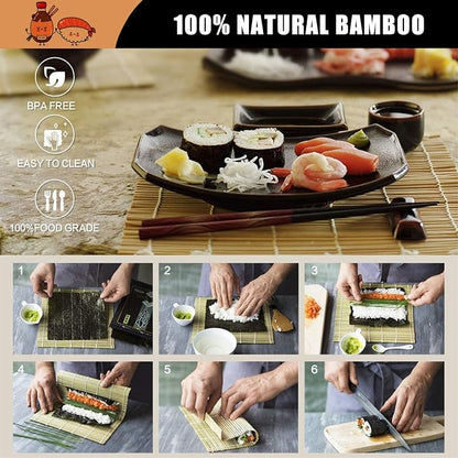 Sushi Making Kit, 22pcs Roller Maker for Beginners With Guide Book, Bazooka, Knife, Mat, Avocado Slicer, Chopsticks, Sauce Dishes & More - Sushi Lover's Gift