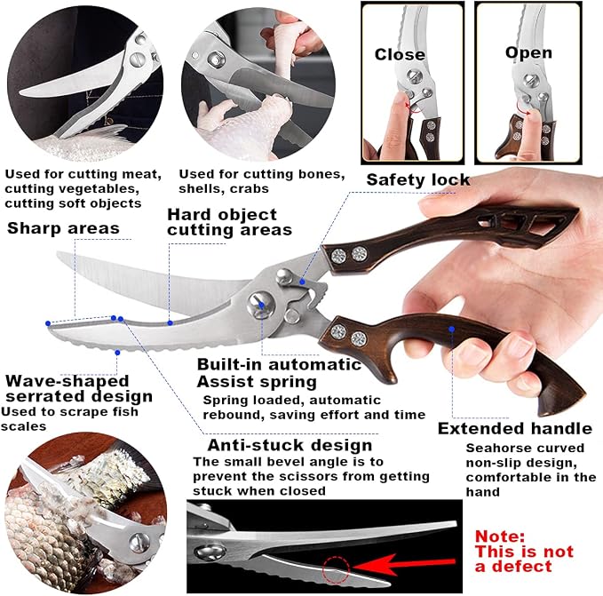 ANDONG Kitchen Scissors, Heavy Duty Professional Poultry Shears, Stainless Steel Spring Loaded, Dishwasher Safe, with Black Leather Sheath