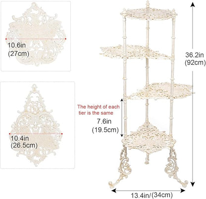 Sungmor Vintage Cast Iron 4-Tier Plant Stand, Elegant Butterfly & Floral Design with Antique White Finish, 36 Inch Tall Rustic Flower Pot Holder, Heavy Duty Metal Display Shelf for Indoor and Outdoor
