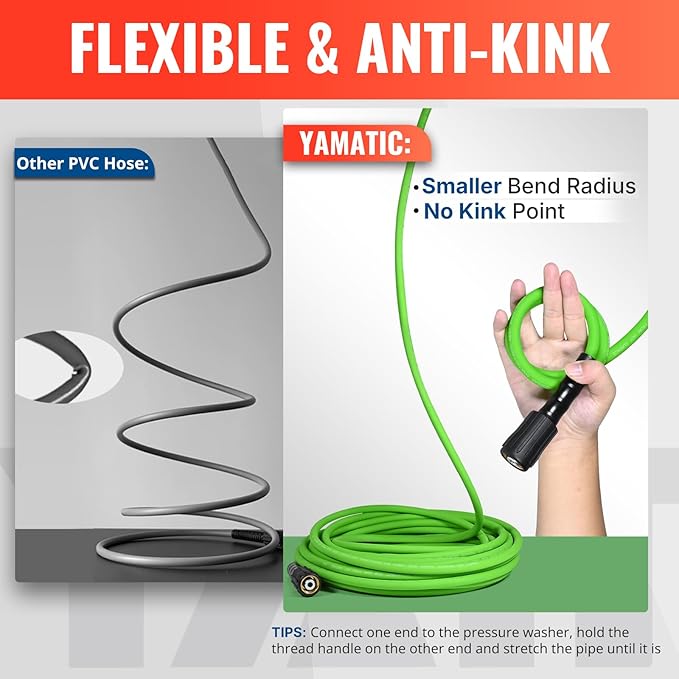 YAMATIC Flexible Pressure Washer Hose 35FT, 3400 PSI 1/4'' Power Washer Hose Replacement for Gas&Electric Washer, Kink Resistant Extension Leak-Free M22 Fittings, Green