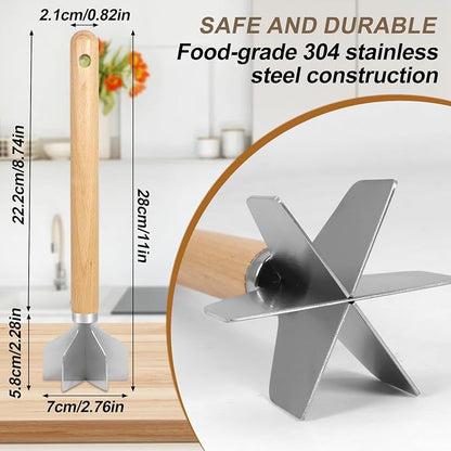 304 Stainless Steel Meat Chopper Wooden Meat Chopper 6 Curve Blades Meat Masher Ground Beef Chopper Tool 11 Inch Metal Meat Masher for Making Ground meat, Mashed potatoes, Jam