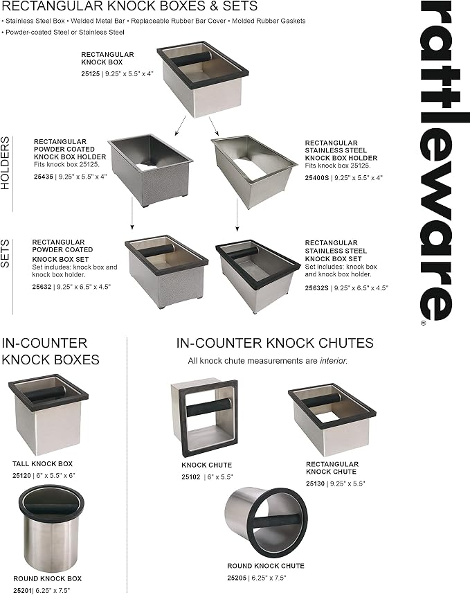 Rattleware Open Bottom Stainless Steel Knock Box Chute with Rubber Bar