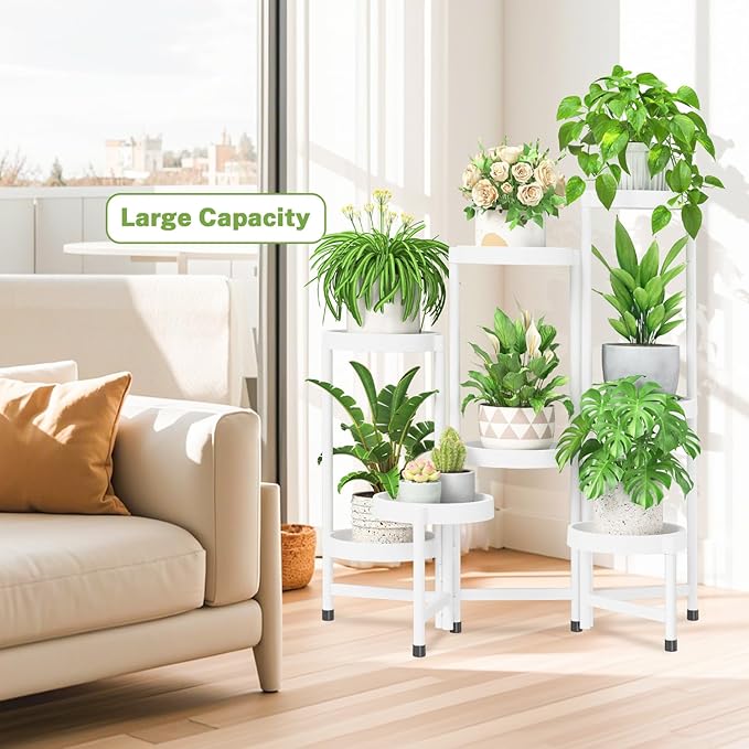 iDavosic.ly 8 Tier Folding Plant Stand Indoor Outdoor with Plastic Tray, Tiered Corner Flower Holder Shelf, Metal Orchid Display Rack for Patio Porch Living Room Garden Balcony, White