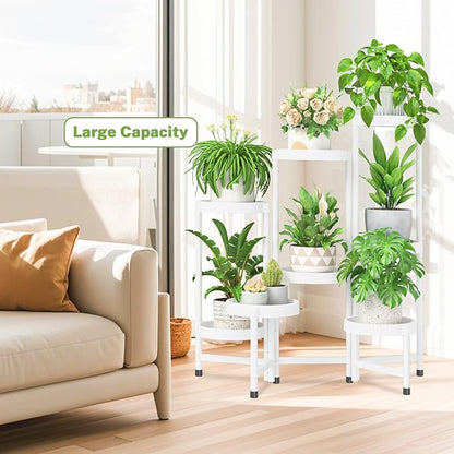 iDavosic.ly 8 Tier Folding Plant Stand Indoor Outdoor with Plastic Tray, Tiered Corner Flower Holder Shelf, Metal Orchid Display Rack for Patio Porch Living Room Garden Balcony, White