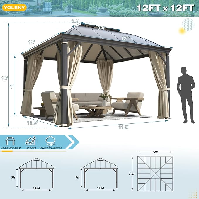 YOLENY 12'x12' Hardtop Gazebo, Permanent Outdoor Aluminum Patio Gazebo with Aluminum Composite Double Arc Roof for Patio Lawn and Garden, Curtains and Netting Included