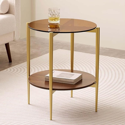 Round Glass End Table, Mid-Century Modern Design Sofa Table for Living Room, D18 x H23, 2-Tier Structure, Amber Glass Top and Walnut Shelf, Sleek Conical Legs with Gold Finish Frame