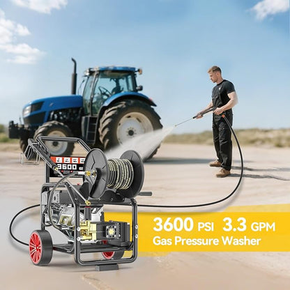 3600PSI Gas Pressure Washer with Hose Reel, 3.3 GPM, One-Button Electric Start 212cc 7HP Commercial Pressure Washer with 50FT 3/8" Hose, Spray Gun & Wand, 5 Quick Connect Nozzles