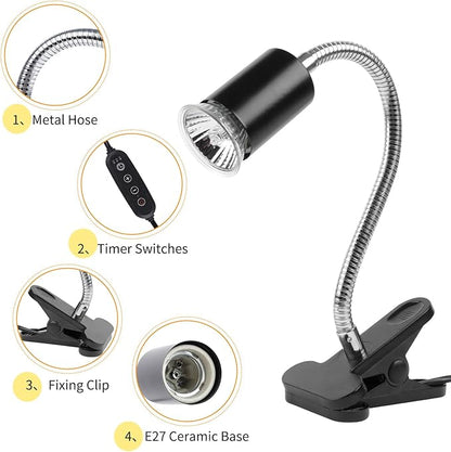 LUCKY HERP Reptile Heat Lamp with Clamp, Aquarium Turtle Tank Basking Light with 360° Rotatable Timing & Dimming and 2 Pack 50W UVA UVB Heat Light Bulb for Turtle Tortoise Lizard