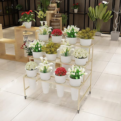 Flower Display Stand With 12PCS Buckets, 3 Layers Metal Plant Stand with Wheels, Heavy Duty Moving Plant Cart Shelf, for Indoor, Outdoor Patio Garden, Living Room, Florist (White - Round Bucket)