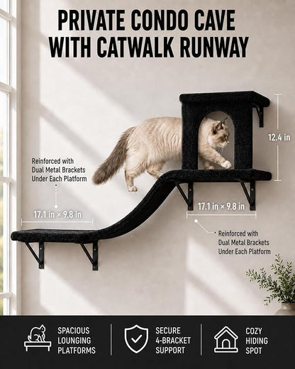 Wall Mounted Cat Furniture Set of 4 – 4 in 1 Cat Wall Shelves with Hammock, Bridge, Climbing Tree & Perch – Shelves for Large Cats, Holds Up to 30 lbs, Indoor Playground