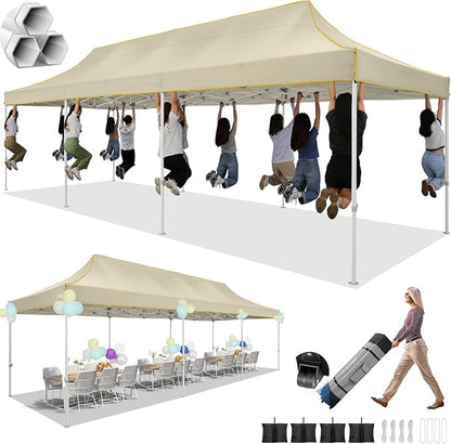 HOTEEL 10x30 Pop up Canopy Tent for Parties, Heavy Duty Easy Setup Tent Without Sidewalls, Outdoor Commercial Instant Gazebo for Wedding Event, with Portable Bag, Khaki(Hexagonal Frame)