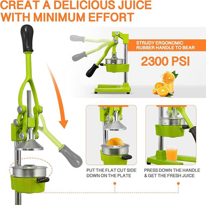 Commercial Heavy Duty Cast Iron Hand Press Manual Orange Citrus Lemon Lime Grapefruit Pomegranate Fruit Juice Squeezer Machine with Stainless Steel Cup Green
