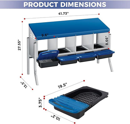 4-Compartment Metal Chicken Nesting Box with Stand – Heavy Duty Poultry Nest with Removable Tray & Waterproof Roof – Non-Slip Base, Wall Mountable for Backyard Coops & Farms (Blue)