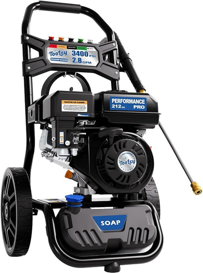 TOOLCY Gas Pressure Washer 3400PSI/2.8GPM Power Washer Upgraded Pump, 30ft Hose, Onboard Soap Tank, Spray Gun &5 Quick-Connect Nozzles for Driveway, Deck, Car Cleaning