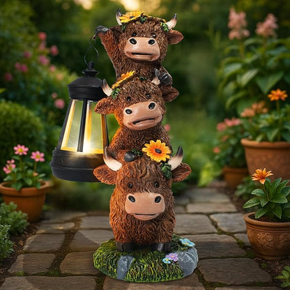 Solar Three Highland Cow Statues Outdoor Garden Decor with Latern Funny for Yard Lawn Ornaments Porch Patio Balcony Home Birthday Easter Gifts for Women Grandma Mom