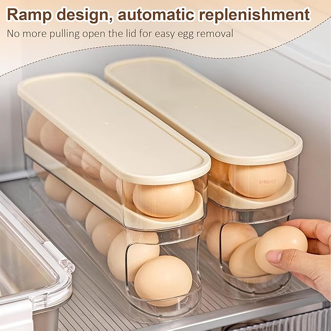 Egg Holder for Fridge, 2025 New Egg Organizer for Refrigerator Automatic Scrolling Eggs Rack Holder Rolling Dispenser, Stackable Fridge Container and Storage with Lid (1 Pcs)