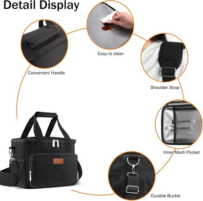 Lunch Bags for Women/Men, Insulated Lunch Bag for Work Office Picnic - Large Lunch Cooler Bag Leakproof Lunch Box with Adjustable Shoulder Strap for Adults - Black(15L)