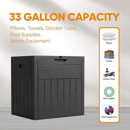 33 Gallon Resin Deck Box, Weatherproof Outdoor Storage Box for Patio, Garden, Pool, and Yard, Lockable Waterproof Bin for Tools, Cushions, and Accessories, Black