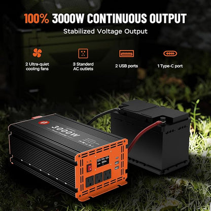3000 Watt Power Inverter 12V DC to 110V/120V AC Converter Peak Power 6000W Car Inverter with LCD Display 2 AC Outlets USB Port Cables Included for RV,Truck,Off-Grid Solar System Remote Controller