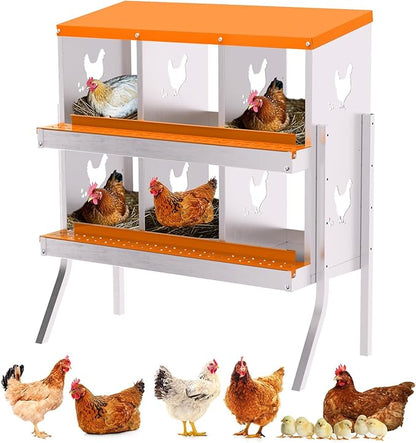 6 Compartment Chicken Nesting Box, Wall Mount Hen Laying Boxes with Legs & Removable Trays, 6-Hole Galvanized Steel Metal Hanging Poultry Nest for Backyard, Farms, and Chicken Coop, Egg Collection