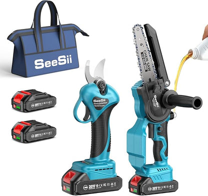 SEESII Mini Chainsaw & Pruning Shears: 6" Electric Saw Brushless & 1.3" Pruner with 2×2.0Ah Batteries, Cordless Combo for Wood Cutting/Branch Trimming, Gardening Tools for Dad Men Husband