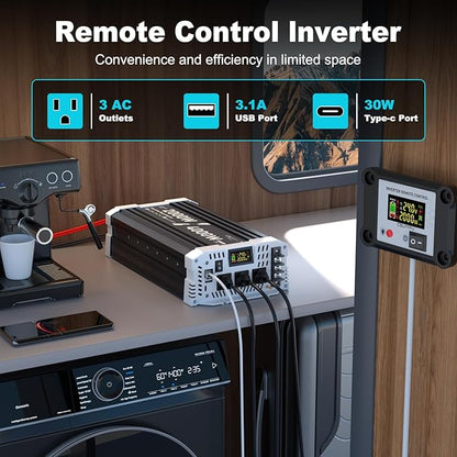 2000 watt Pure sine Wave Inverter, 24V DC to 110V AC Power Inverter, Used for Solar Emergency Power Supply in RV Homes, with 3 AC Output sockets, USB Port, Type-C Port, Remote Control with LCD Screen