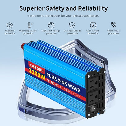 1100 Watt Pure Sine Wave Inverter, Solar Power Inverter, 12V DC to 110V AC Converter for RV, Home, Truck, Coffee Maker, Washer, TV, Fridge, Solar Power Pack with 2 AC Outlets and LCD Display
