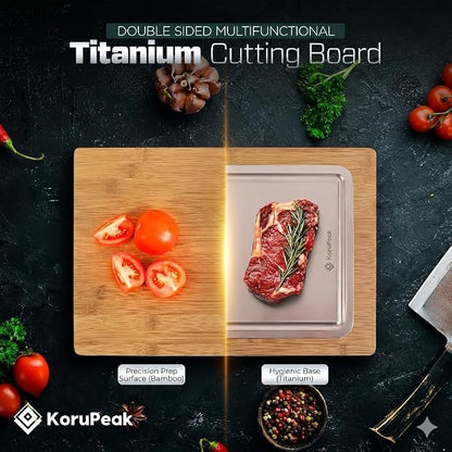 Pure Titanium Cutting Board with Bamboo, Double Sided, Microplastic Free | Knife friendly, Non-Porous, Juice groove, Handles, Chicken, Fish, Steak Cutting Board, Non-Slip, Hand Wash Easily 16x12"