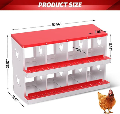Chicken Nesting Box, Red 8 Hole Egg Laying Box, Suitable for Chickens & Ducks, Large Holes for Ventilation, Convenient for Picking up Eggs, Chicken Coop Nesting Box, Fully Galvanized