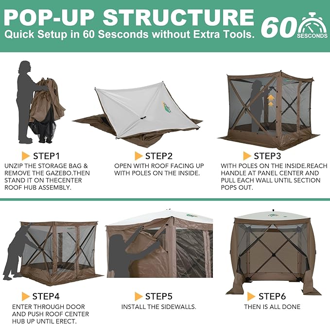 COBIZI 6x6 Pop up Gazebo Tent on Clearance, Ez up Waterproof Screen Tent Screen House with 3 sidewalls,Portable Outdoor Canopy with Carry Bag & Ground Stakes for Camping,Garden and Picnics, Brown