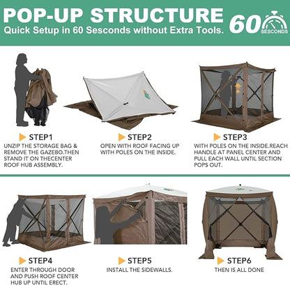 COBIZI 6x6 Pop up Gazebo Tent on Clearance, Ez up Waterproof Screen Tent Screen House with 3 sidewalls,Portable Outdoor Canopy with Carry Bag & Ground Stakes for Camping,Garden and Picnics, Brown