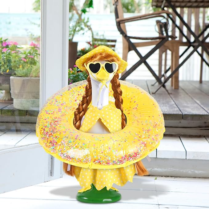 Hawaiian Porch Goose Outfits with Braid Wig Set, Bikini Goose Clothes – Fits 23” Porch Goose Statue, Outdoor Patio Yard & Lawn Decoration