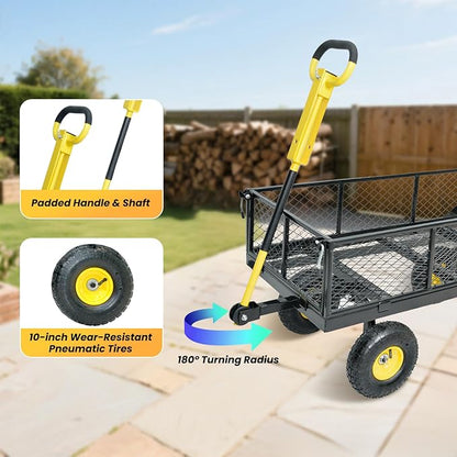 950 lbs Steel Garden Cart, Heavy Duty Yard Utility Wagon with 10" Pneumatic Tires, Removable Mesh Sides and 180° Rotating Anti-Slip 2-in-1 Convertible Handle