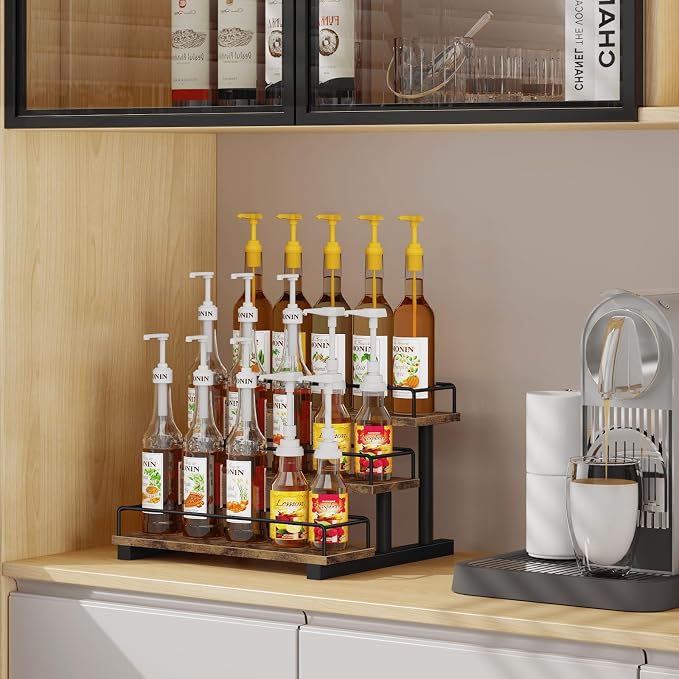 Homode Liquor Bottle Display Shelf, Coffee Syrup Rack Organizer, 3 Tier Wine Rack Countertop, Home Retro Bar Shelf Stand Holder for Liquor Whiskey Spirits, Mini Bar, Liquor Cabinet, Rustic Brown