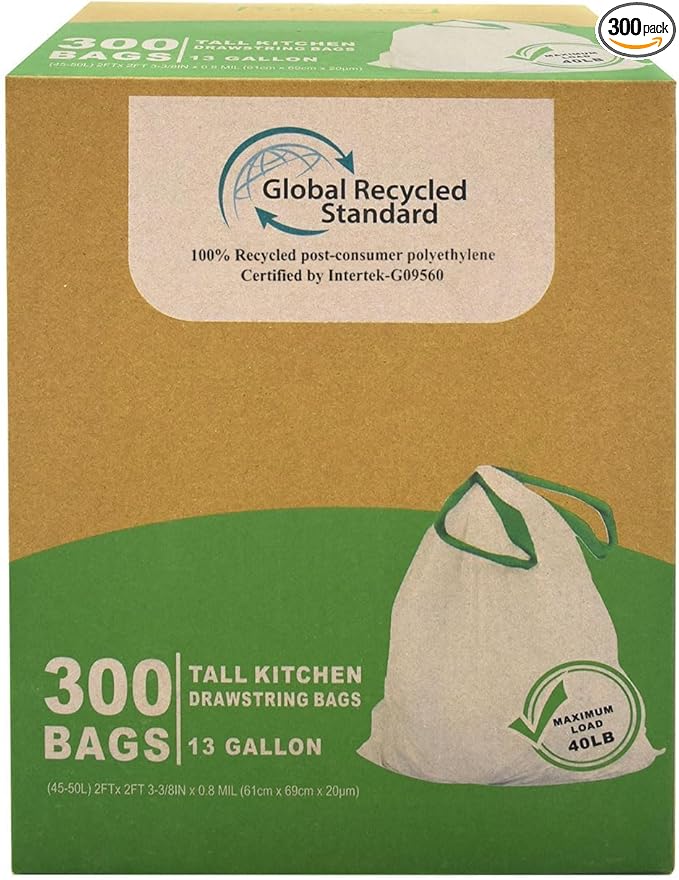 TYPLASTICS 300 Count 13 Gallon Tall Kitchen Drawstring Trash Bags, GRS Compliant, Eco-Friendly Recycled Material