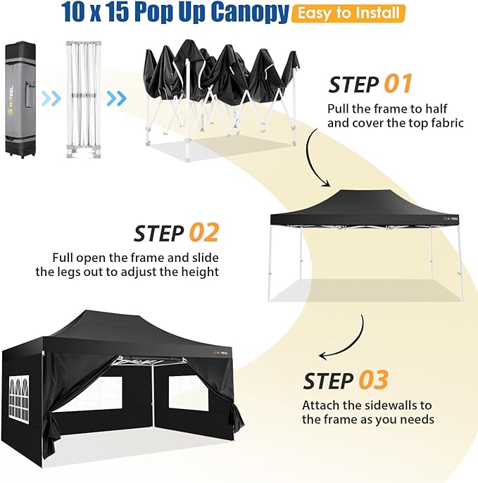 HOTEEL 10x15 Pop up Canopy Tent for Parties, Heavy Duty Easy Setup Tent with 4 Sidewalls, Outdoor Commercial Instant Gazebo for Wedding Event, with Roller Bag & Sand Bags, Black(Hexagonal Frame)