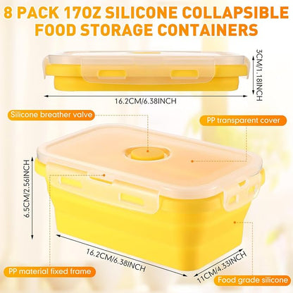Set of 8 Silicone Collapsible Bowls for Camping with Vent Lid Silicone Storage Containers for Food Meal Preparation Square Bowl Microwave Freezer Dishwasher Safe(Macaron Color,17 Oz/ 500 ml)