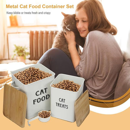 Pethiy Cat Food and Treats Containers Set with Scoop for Cats or Dogs -Tight Fitting Wood Lids - Coated Carbon Steel - Storage Canister Tins-Cat-White