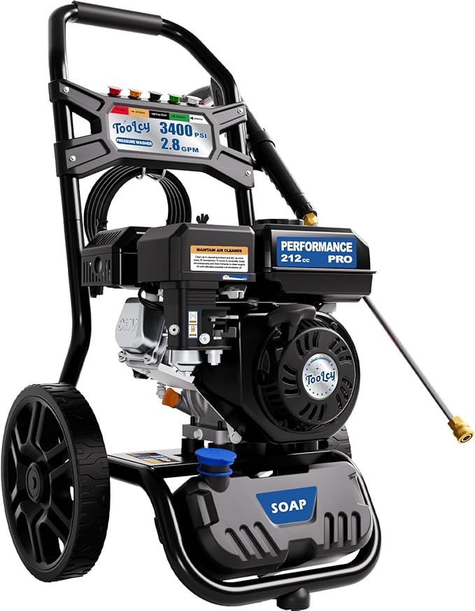 TOOLCY Gas Pressure Washer 3400 PSI & 2.8 GPM Max, High-Powered 212cc Engine, Enhanced Pump, 30FT Pressure Hose, Onboard Soap Tank, Spray Gun & 5 Nozzle Tips, Great for Cars/Driveways/Homes/Patios