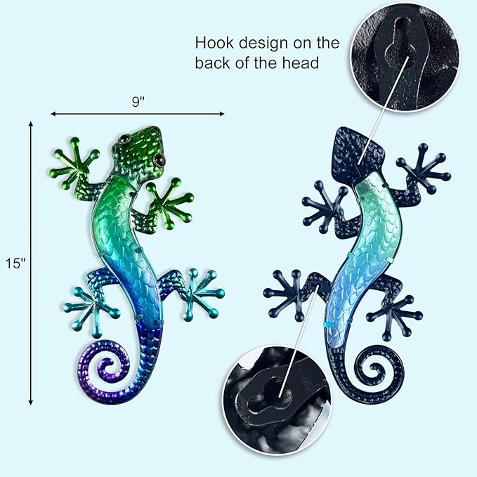 HONGLAND Metal Gecko Wall Art 15 Inch Lizard Outdoor Decor Lizards Garden Sculpture for Yard Fence 2 Pack