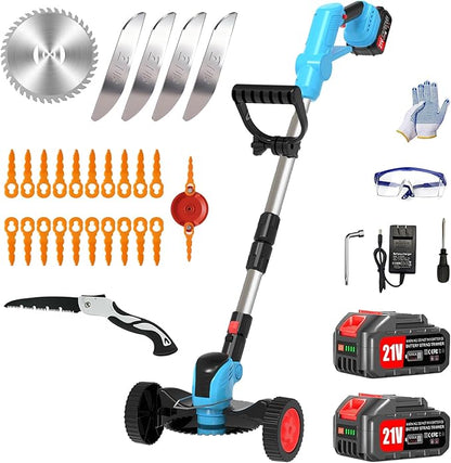 Electric Weed Wacker Cordless Eater Battery Powered Eater Lightweight Edger Portable Stringless Grass Trimmer/Lawn Mower/Brush Cutter, with 3 Types Blades & Wheels for Yard and Garden-Blue