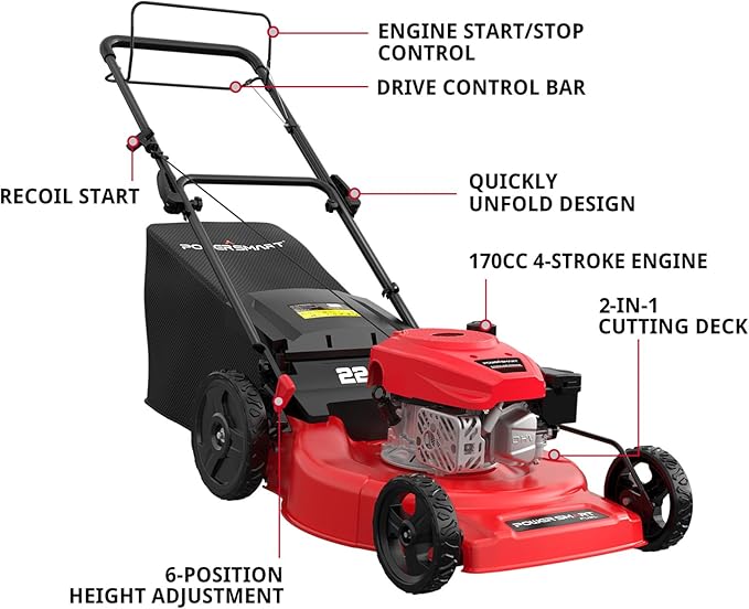 PowerSmart 22 in. 170cc RWD Self Propelled Gas Lawn Mower & 16-Inch 25.4cc String Trimmer/Edger with 10-Inch Brush Cutter