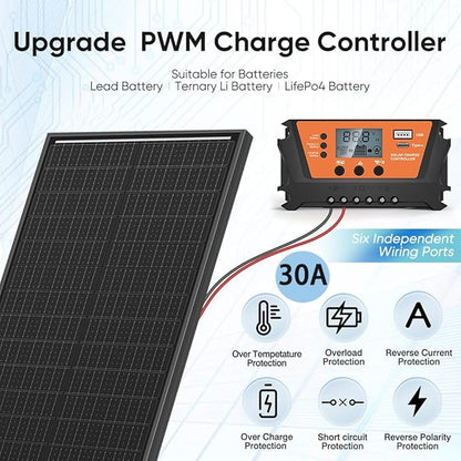 200 Watts Solar Panel Kit, 12V/24V (2PCS 100W) Monocrystalline 30A Charge Controller 25% High-Efficiency PV Module for RV, Rooftop, Boats, Trailer, Vehicle, Caravan, Off-Grid System (200W)