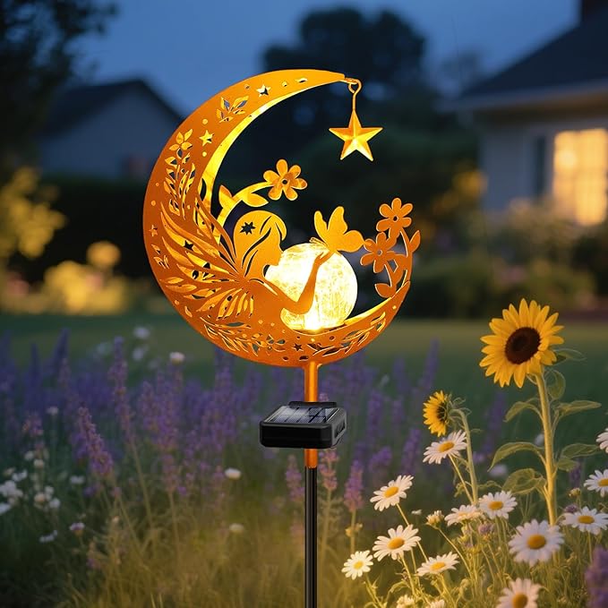 YJFWAL Garden Solar Fairy Lights Pathway Stake Lights Glass Globe with Moon Angel Decor, Gifts for Mom Grandma Friends, Outdoor Decor Light Waterproof for Walkway, Yard, Patio or Garden (Warm White)